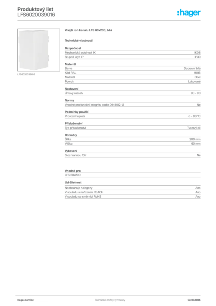 Obrázek Hager Produktový list LFS6020039016 | Hager