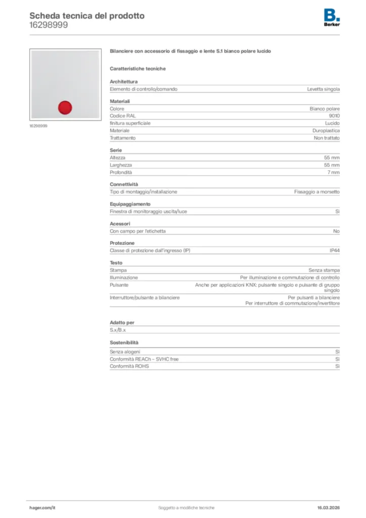 Immagine Berker Scheda tecnica del prodotto 16298999 | Hager Italia