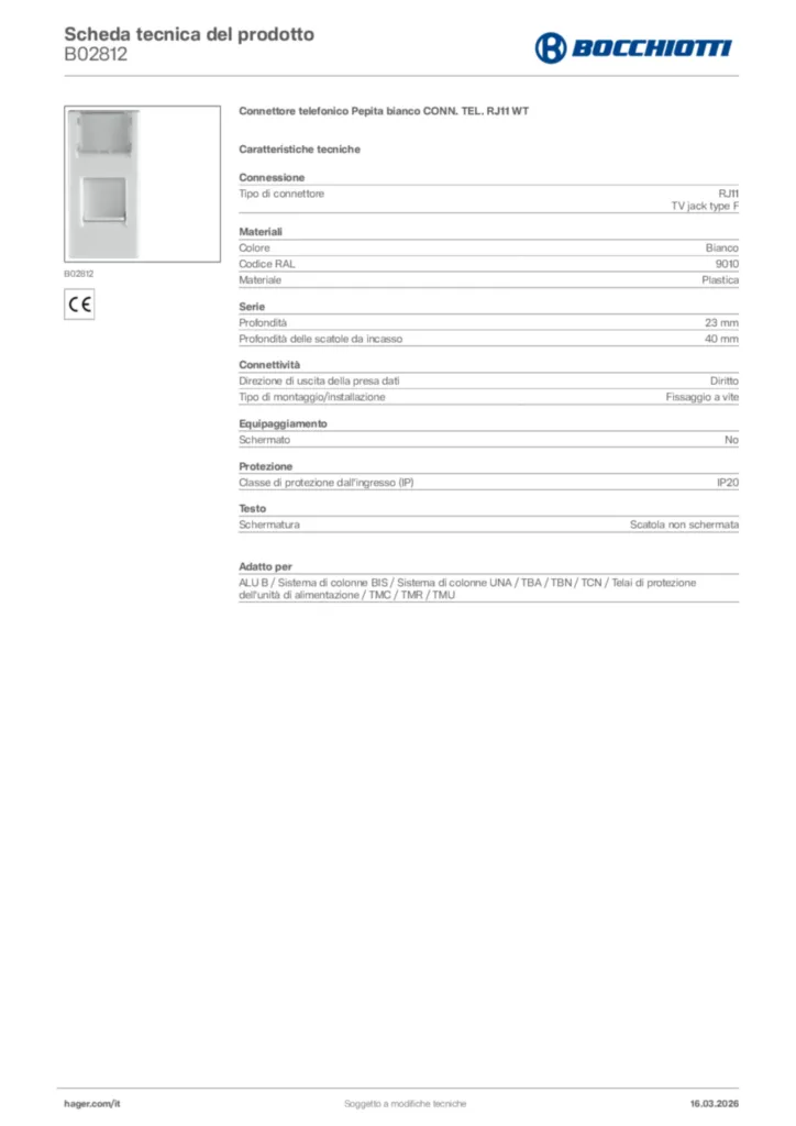 Immagine Bocchiotti Scheda tecnica del prodotto B02812 | Hager Italia