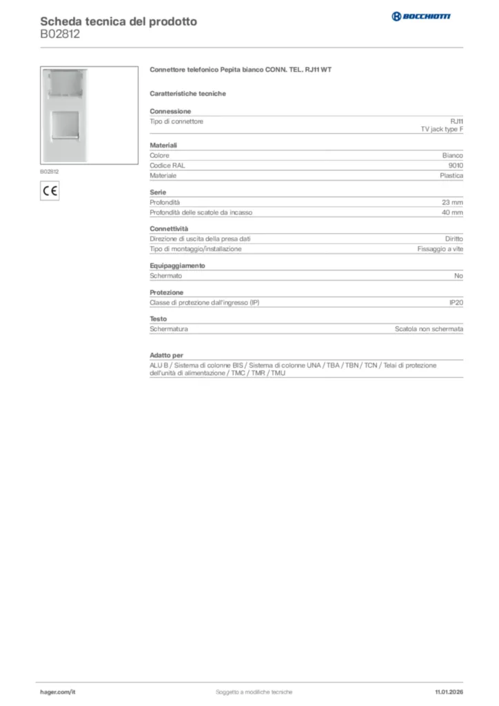 Immagine Bocchiotti Scheda tecnica del prodotto B02812 | Hager Italia