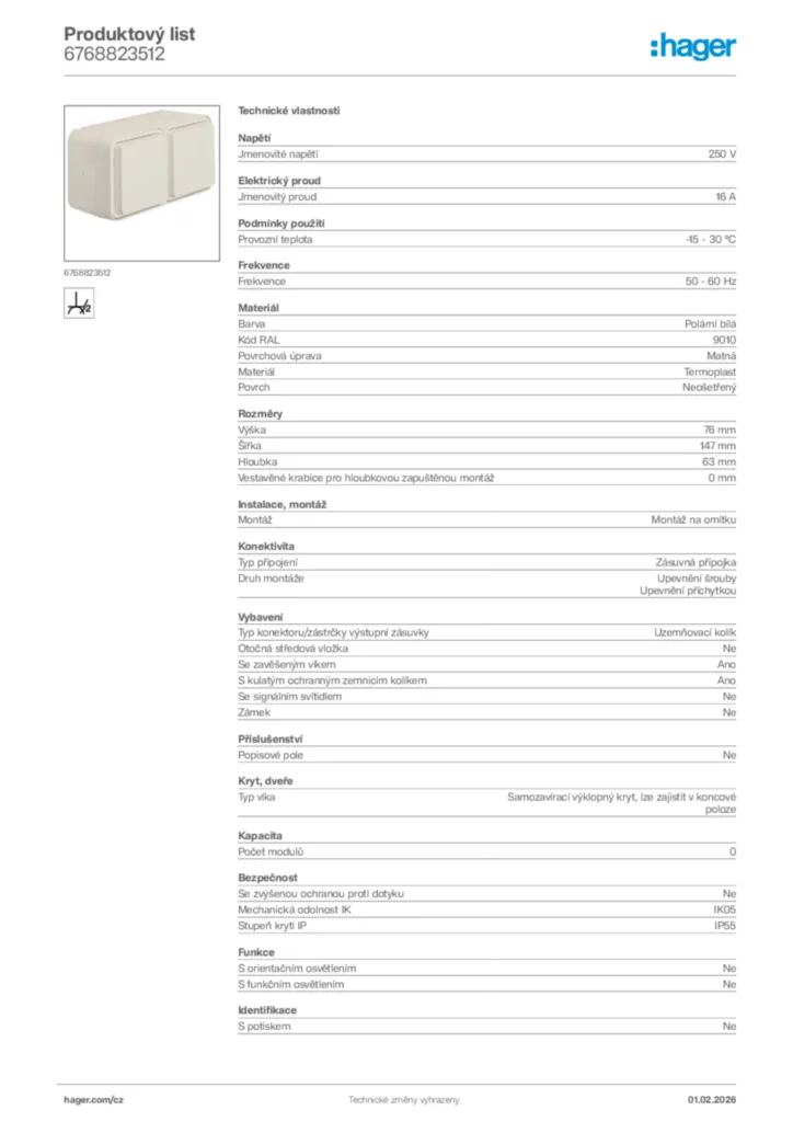 Obrázek Hager Product data sheet 6768823512 | Hager