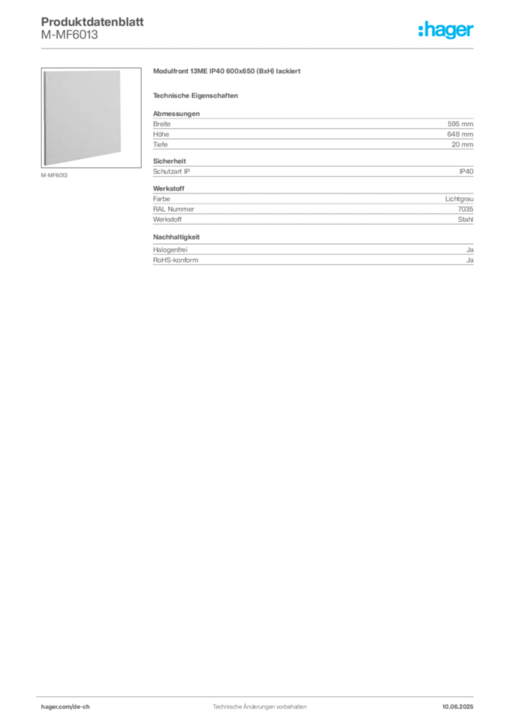 Bild Hager Produktdatenblatt M-MF6013 | Hager Schweiz