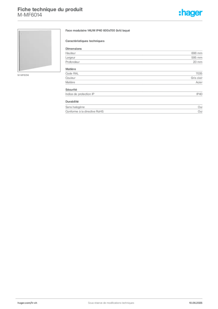Image Hager Fiche technique du produit M-MF6014 | Hager Suisse