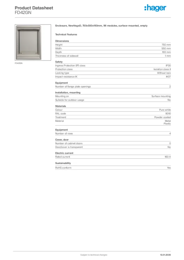 Image Hager Product data sheet FD42GN  | Hager