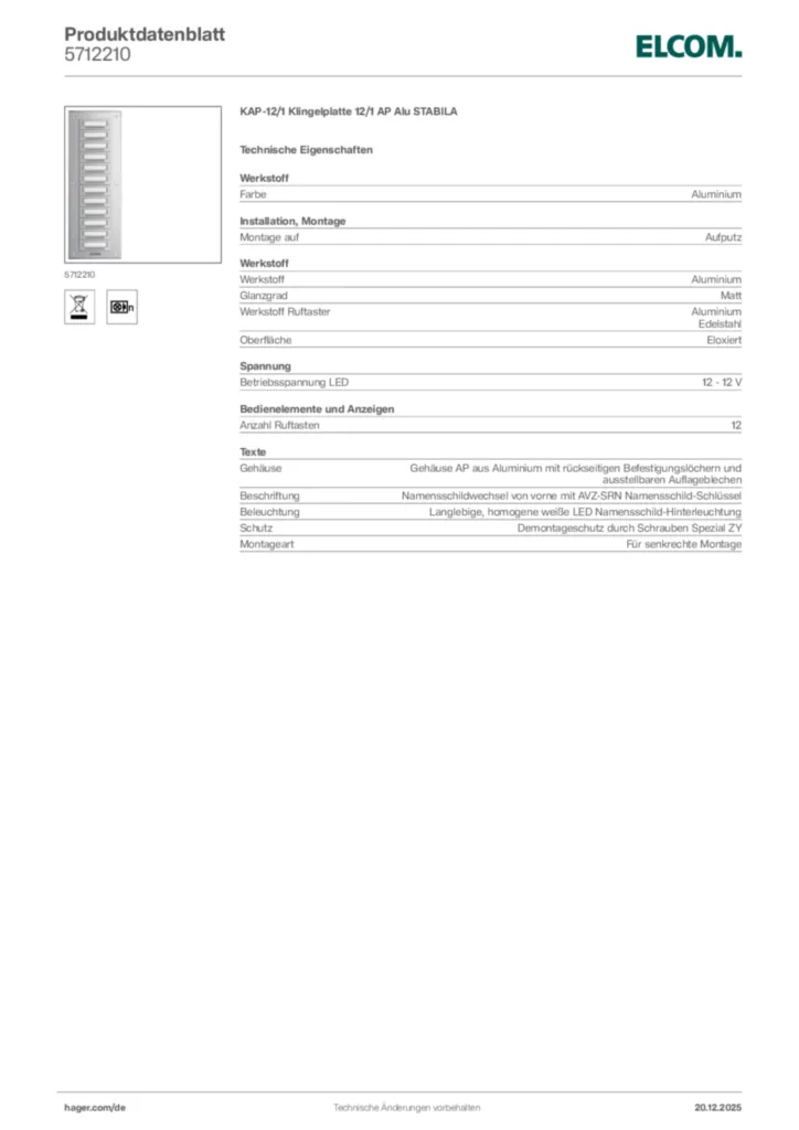 Bild Elcom Produktdatenblatt 5712210 | Hager Deutschland