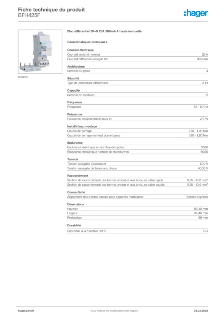 Image Hager Fiche technique du produit BFH425F | Hager France
