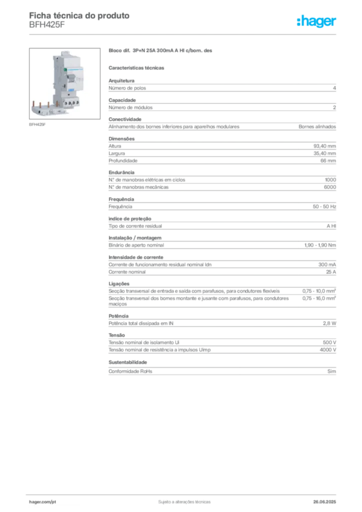 Imagem Hager Ficha técnica do produto BFH425F | Hager Portugal