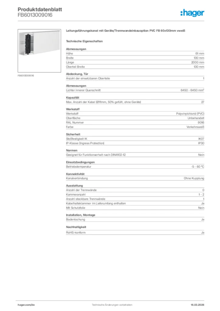 Bild Hager Produktdatenblatt FB6013009016 | Hager Deutschland
