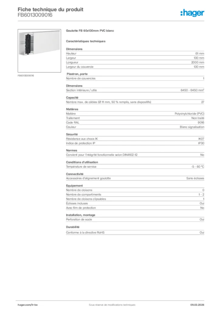 Image Hager Fiche technique du produit FB6013009016 | Hager Belgique