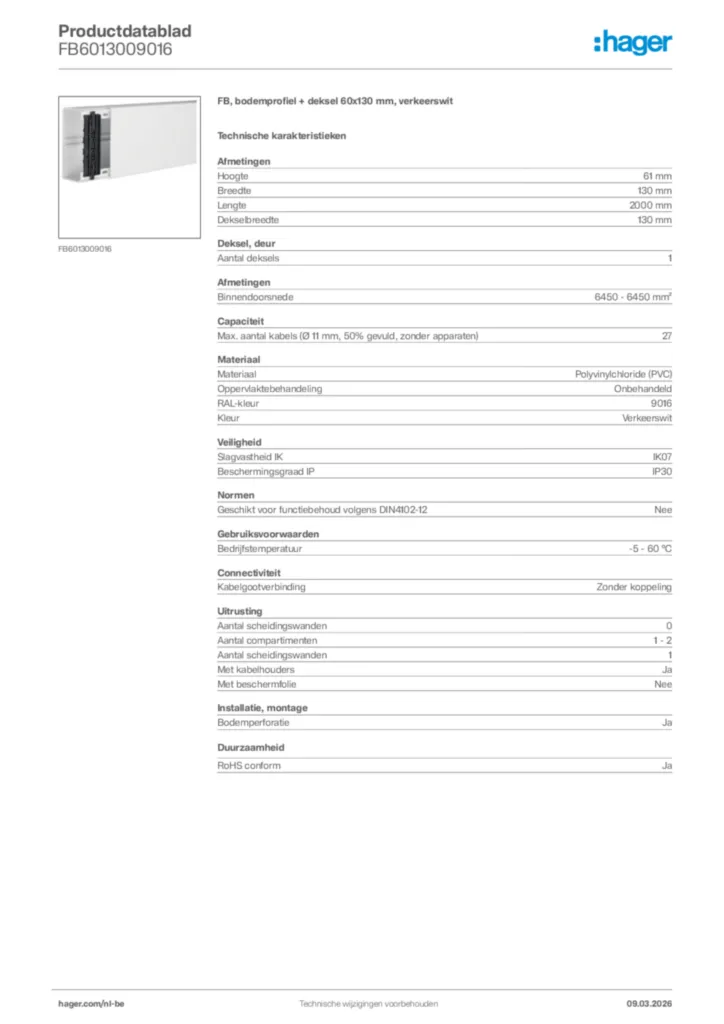 Afbeelding Hager Productdatablad FB6013009016 | Hager Belgium
