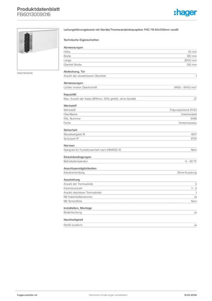 Bild Hager Produktdatenblatt FB6013009016 | Hager Schweiz