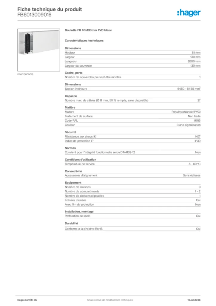Image Hager Fiche technique du produit FB6013009016 | Hager Suisse