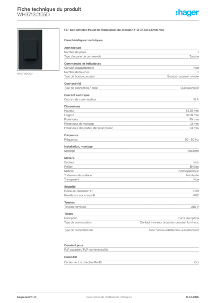 Image Hager Fiche technique du produit WH37130105D | Hager Suisse