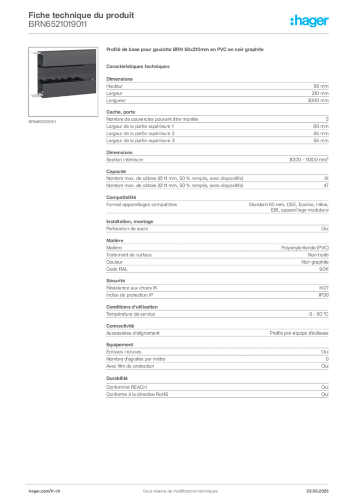 Image Hager Fiche technique du produit BRN6521019011 | Hager Suisse