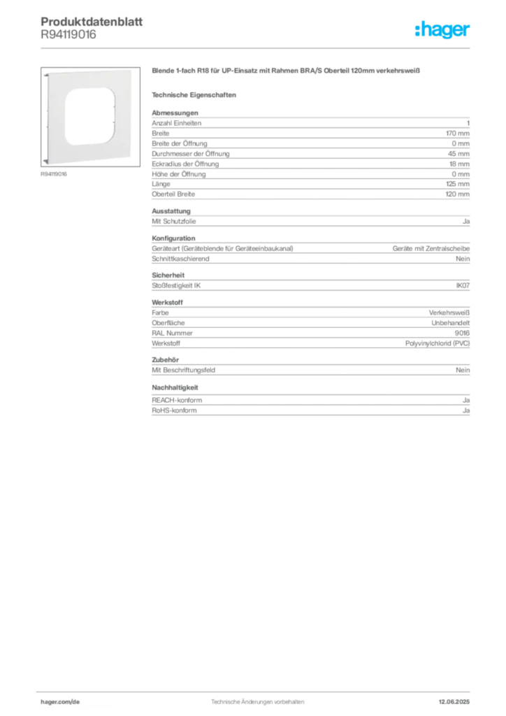 Hager Produktdatenblatt R94119016