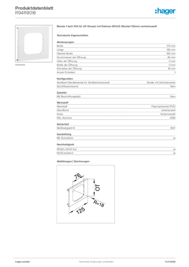 Bild Hager Produktdatenblatt R94119016 | Hager Deutschland