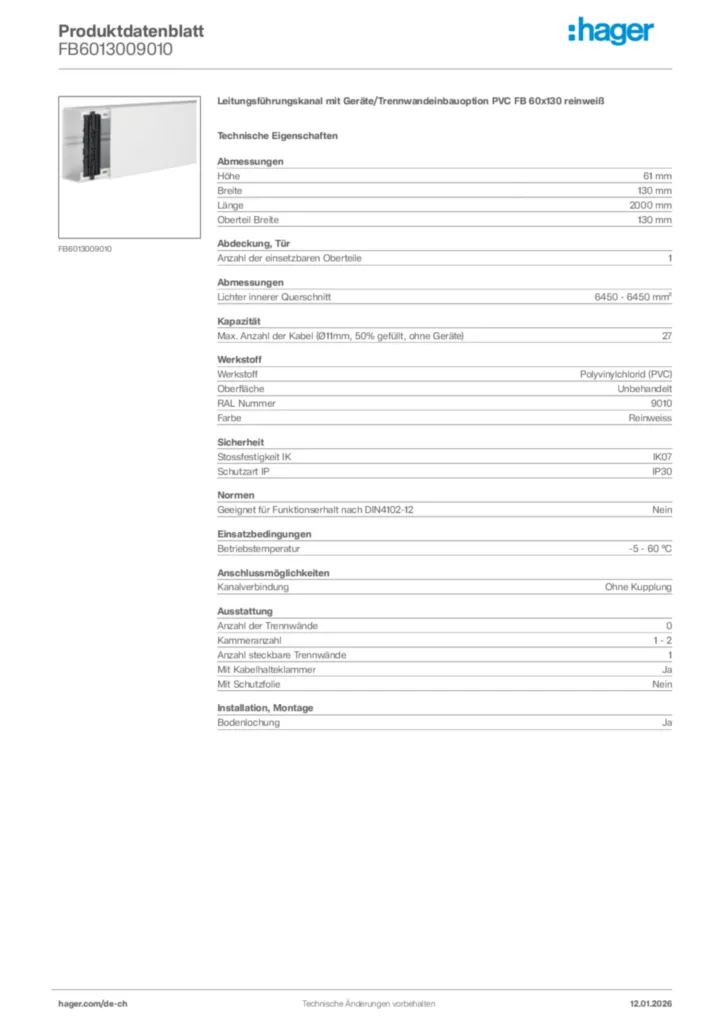 Bild Hager Produktdatenblatt FB6013009010 | Hager Schweiz