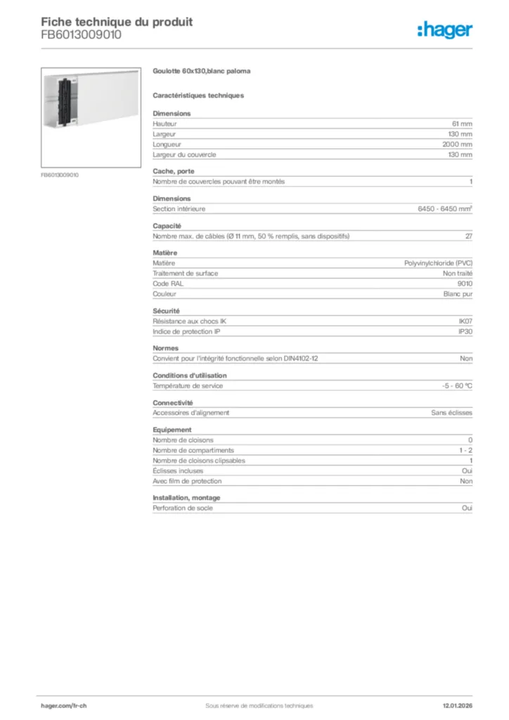 Image Hager Fiche technique du produit FB6013009010 | Hager Suisse