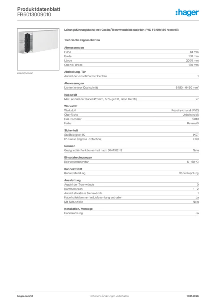 Bild Hager Produktdatenblatt FB6013009010 | Hager Deutschland