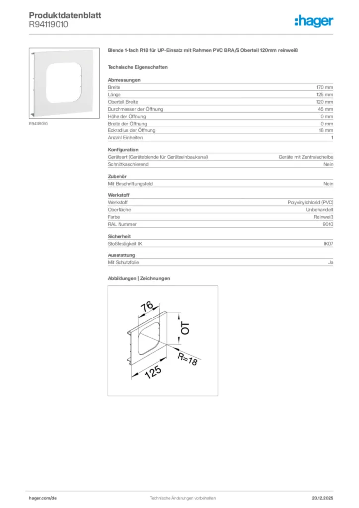 Bild Hager Produktdatenblatt R94119010 | Hager Deutschland