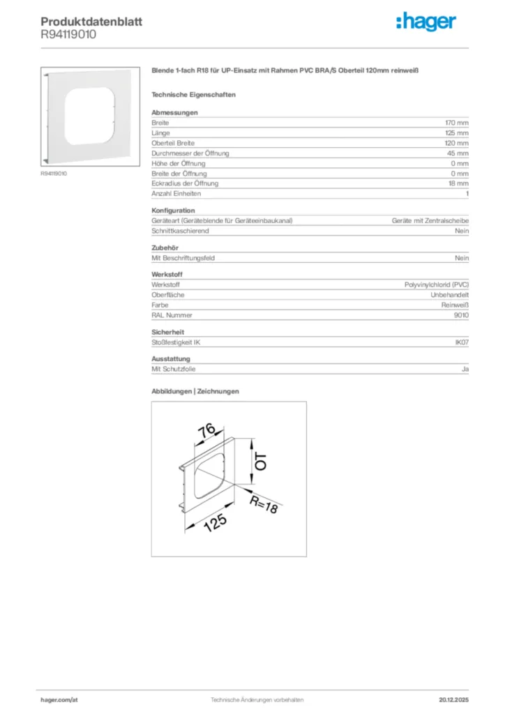 Bild Hager Produktdatenblatt R94119010 | Hager Deutschland