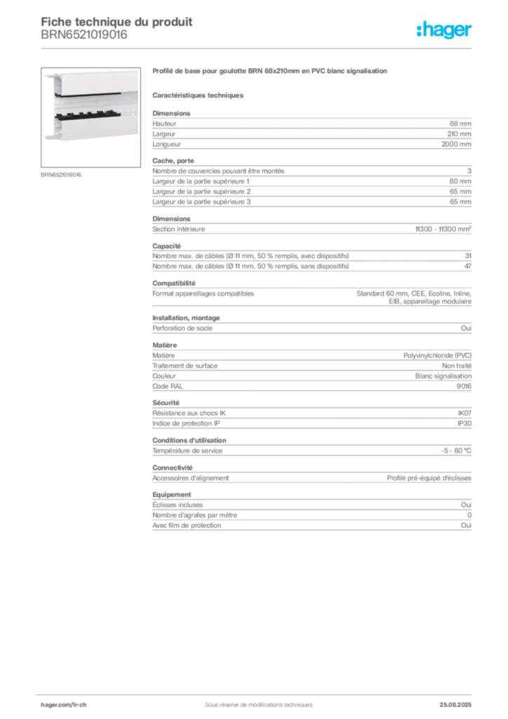 Image Hager Fiche technique du produit BRN6521019016 | Hager Suisse