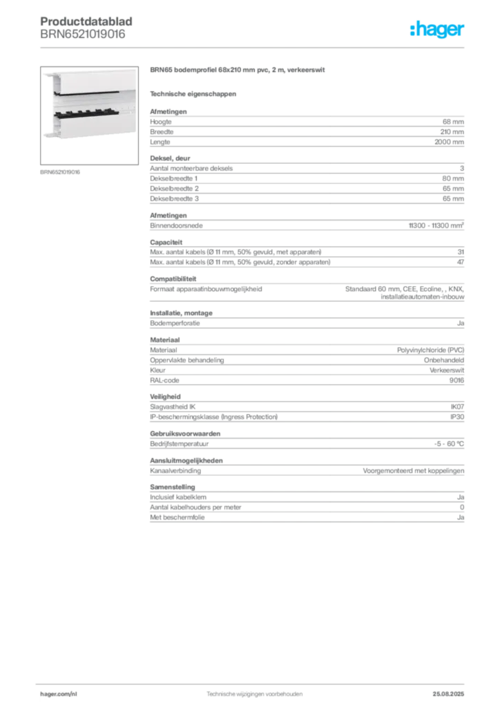 Afbeelding Hager Productdatablad BRN6521019016 | Hager Nederland