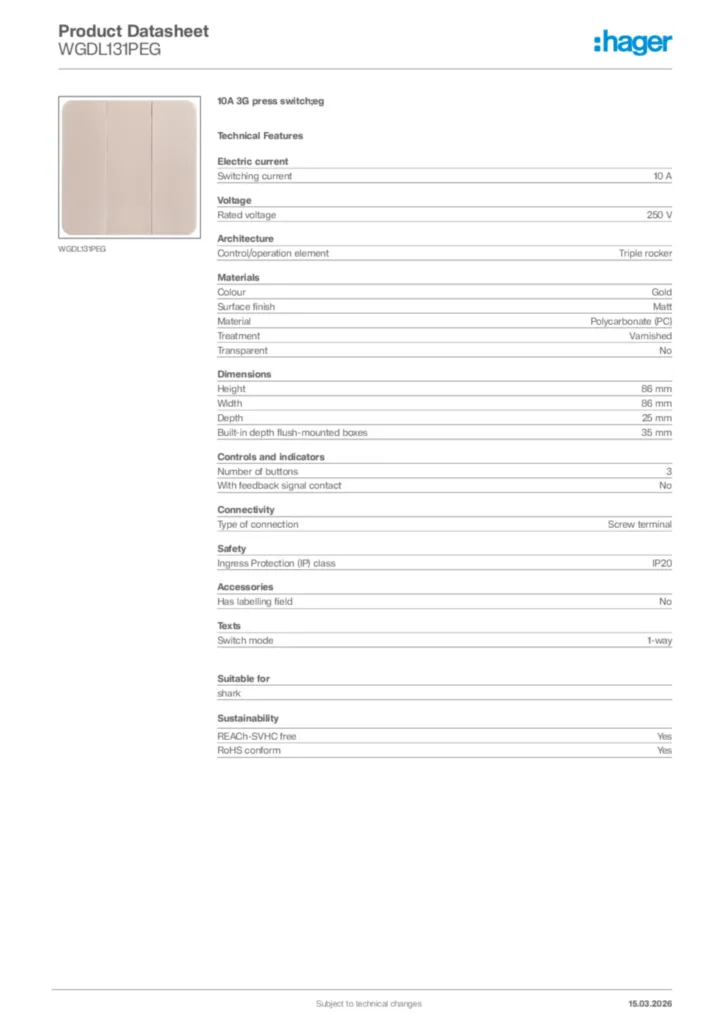 Image Hager Product data sheet WGDL131PEG  | Hager Africa