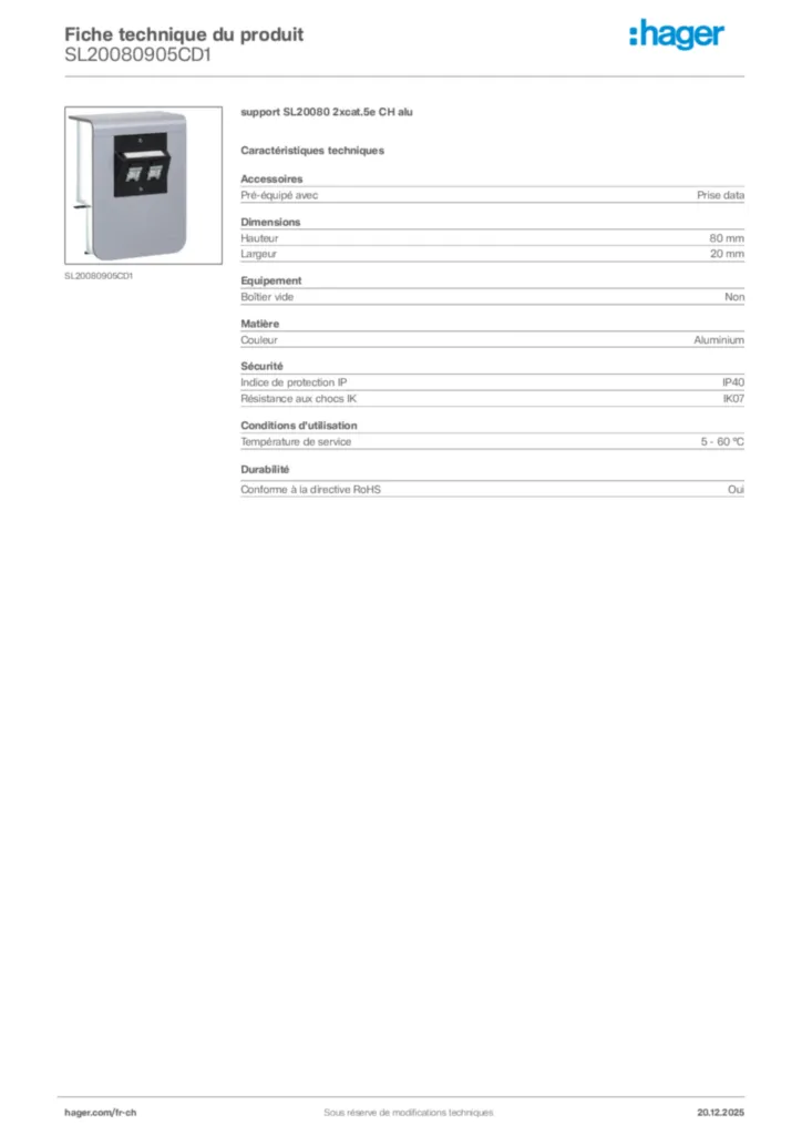 Image Hager Fiche technique du produit SL20080905CD1 | Hager Suisse