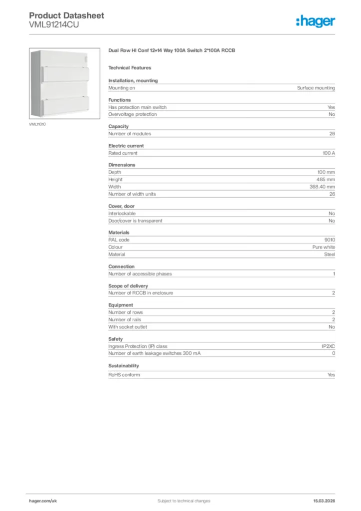 Image Hager Product data sheet VML91214CU  | Hager