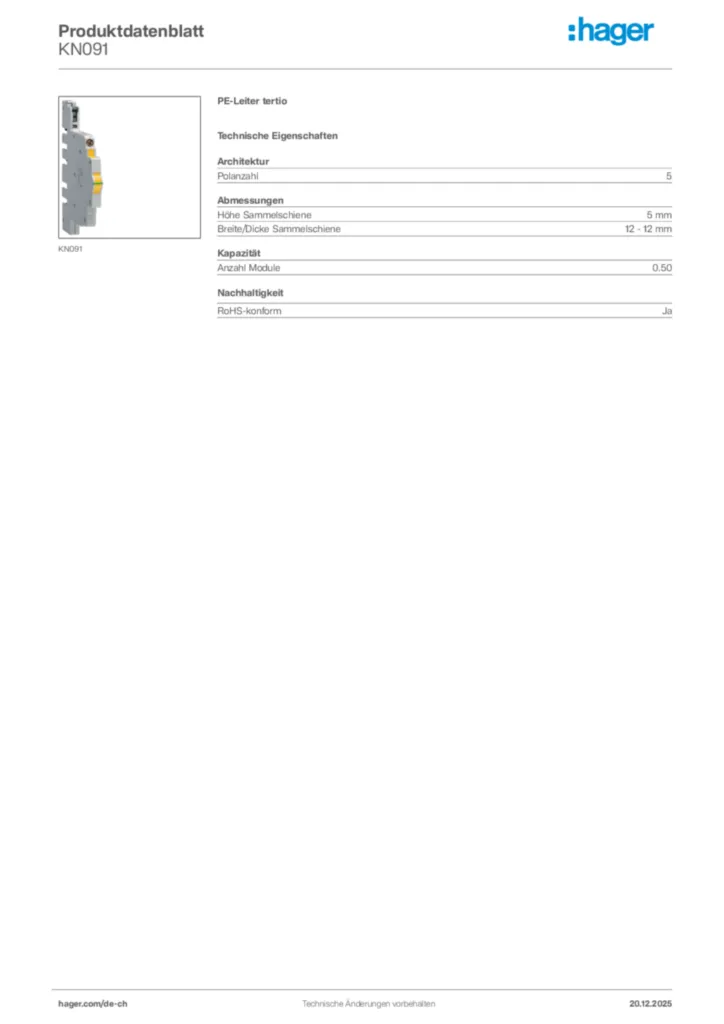 Bild Hager Produktdatenblatt KN091 | Hager Schweiz