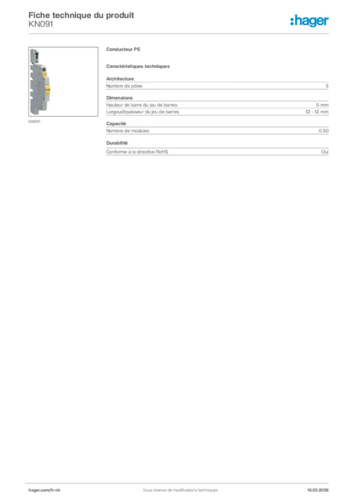 Image Hager Fiche technique du produit KN091 | Hager Suisse