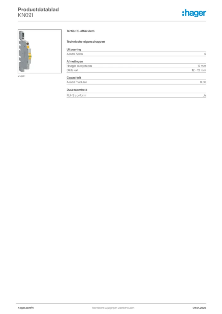 Afbeelding Hager Productdatablad KN091 | Hager Nederland