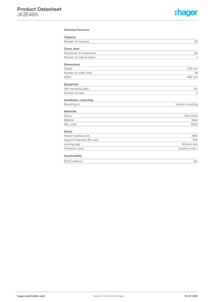 Image Hager Product data sheet JK2E48S  | Hager