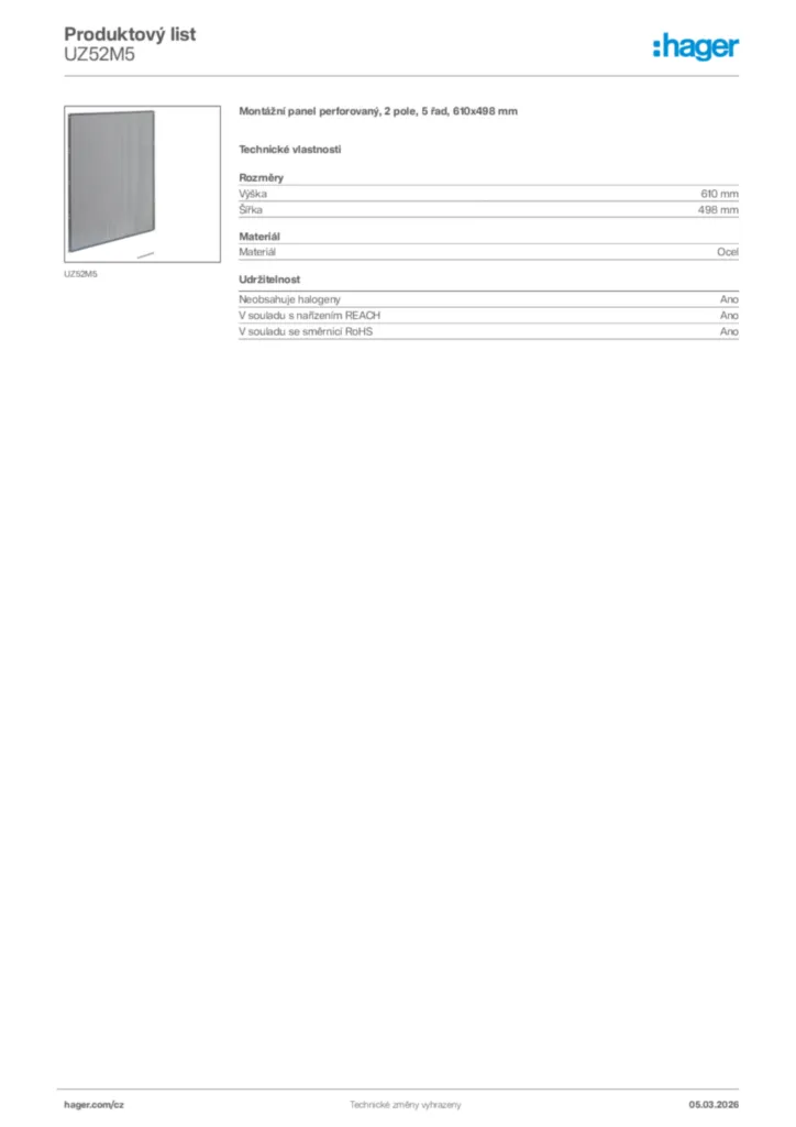 Obrázek Hager Product data sheet UZ52M5 | Hager