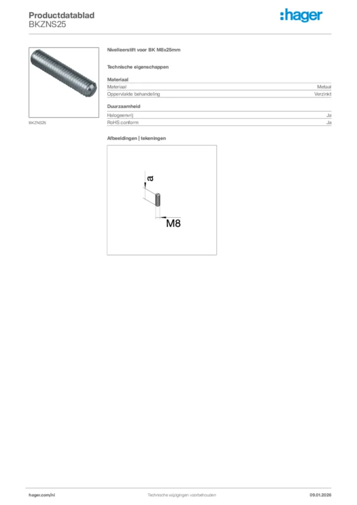 Afbeelding Hager Productdatablad BKZNS25 | Hager Nederland