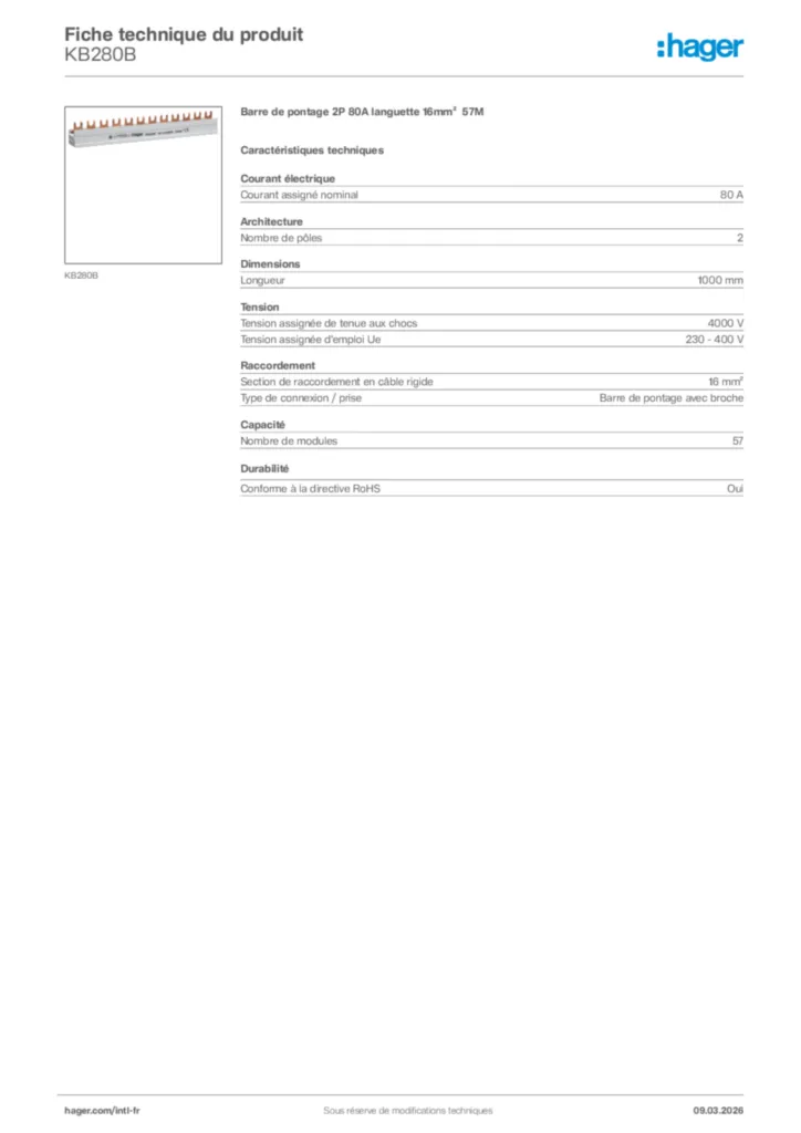 Image Hager Fiche technique du produit KB280B | Hager Afrique