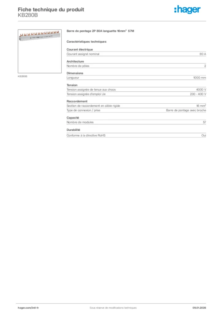 Image Hager Fiche technique du produit KB280B | Hager Afrique