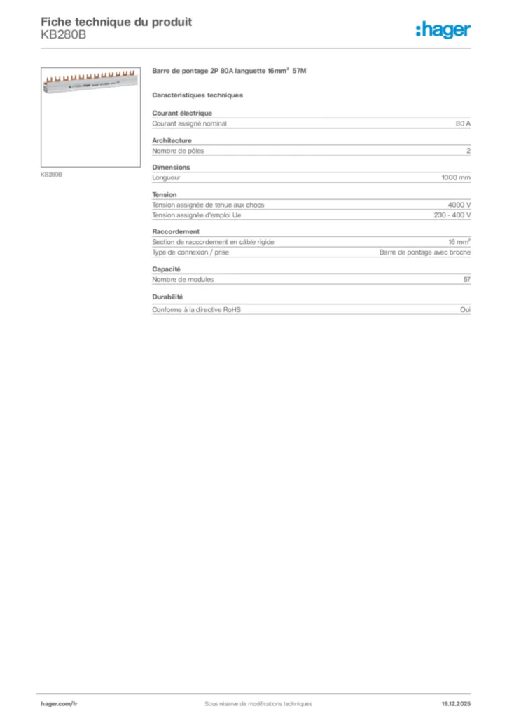 Image Hager Fiche technique du produit KB280B | Hager France