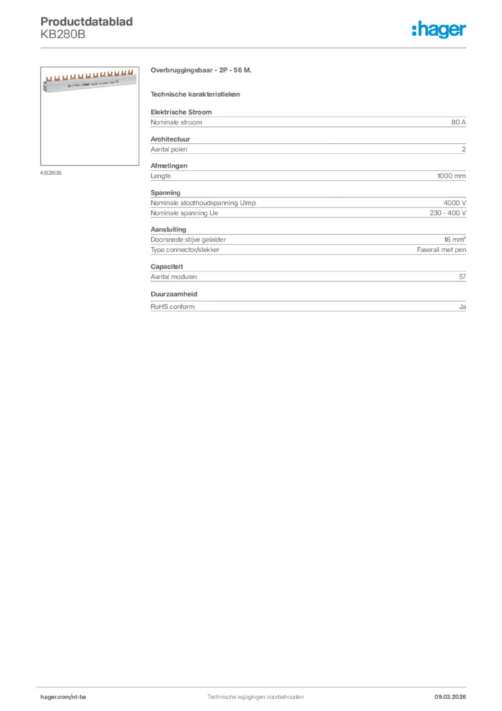 Afbeelding Hager Productdatablad KB280B | Hager Belgium