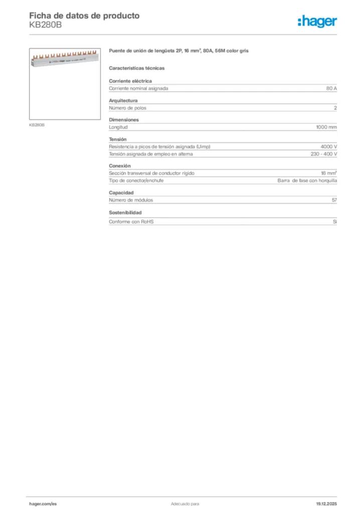 Imagen Hager Ficha de datos de producto KB280B | Hager España