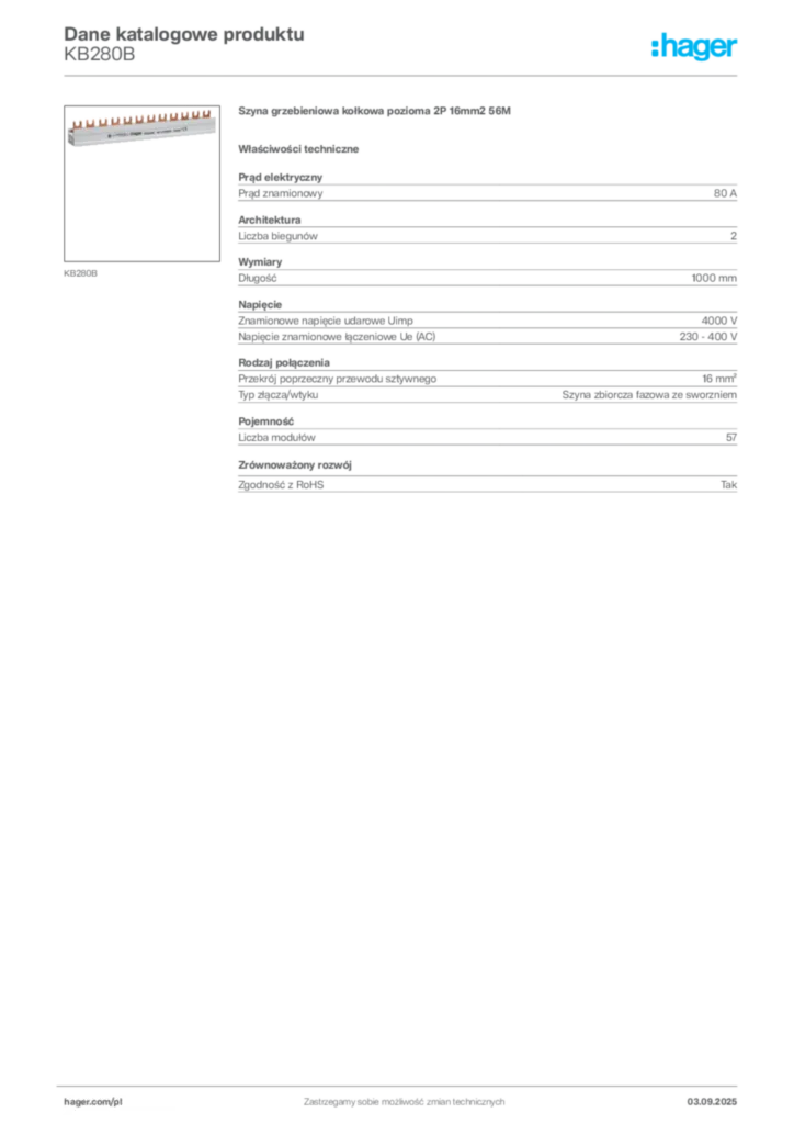 Zdjęcie Hager Karta katalogowa KB280B | Hager Polska
