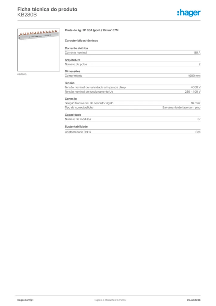 Imagem Hager Ficha técnica do produto KB280B | Hager Portugal