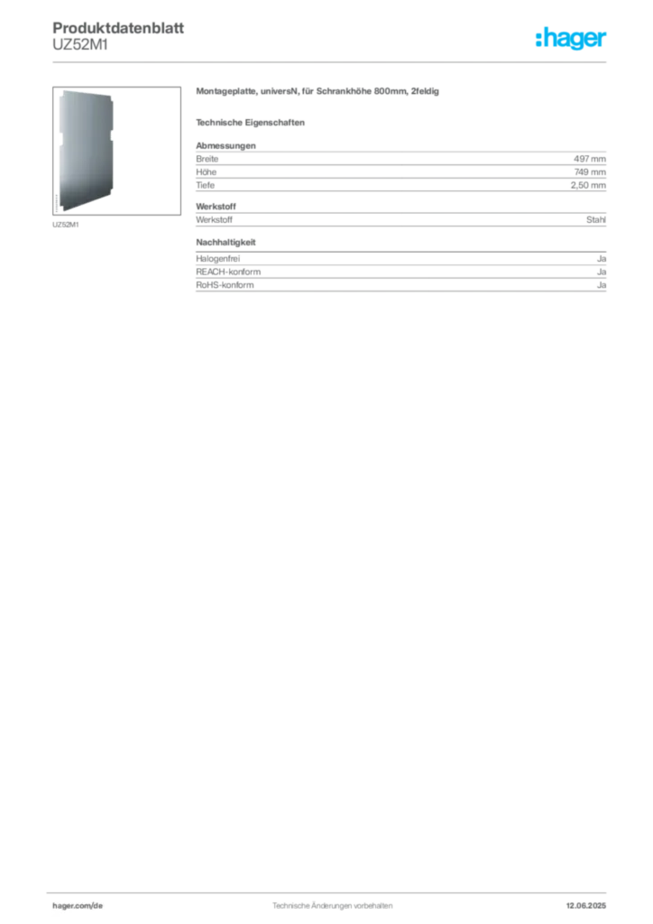 Hager Produktdatenblatt UZ52M1