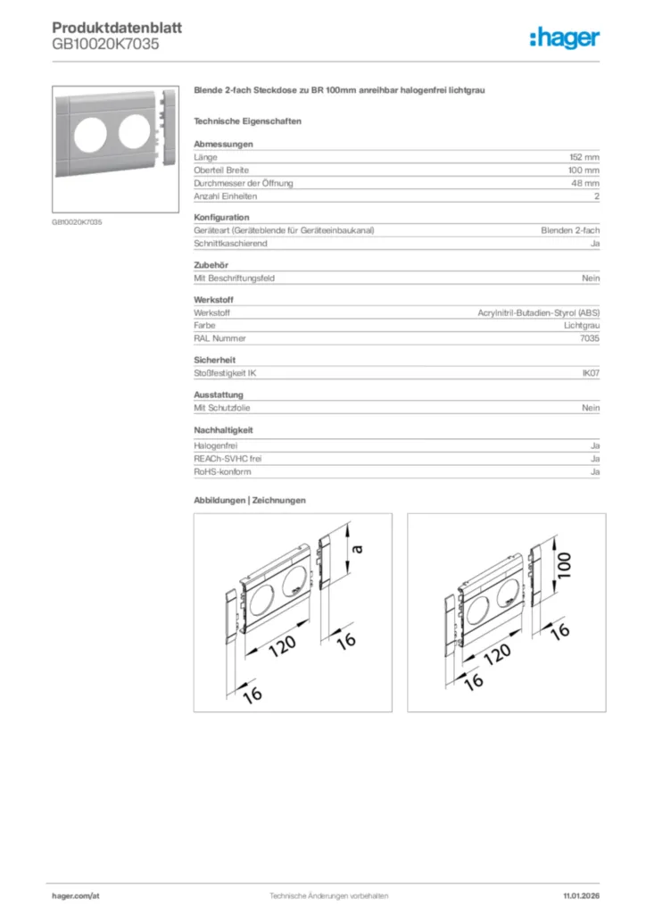 Bild Hager Produktdatenblatt GB10020K7035 | Hager Deutschland
