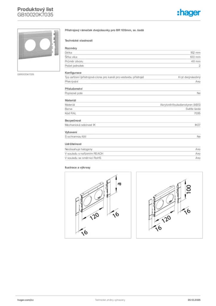 Obrázek Hager Produktový list GB10020K7035 | Hager