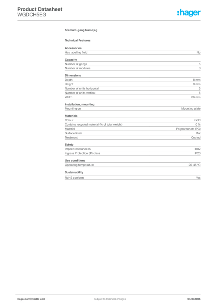 Image Hager Product data sheet WGDCH5EG  | Hager