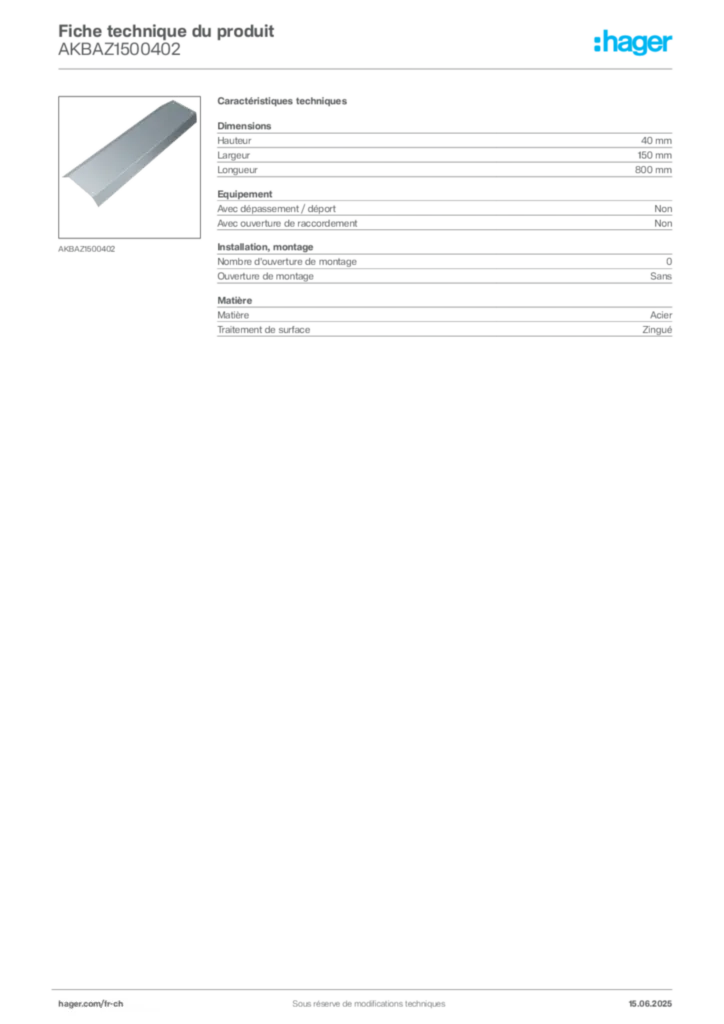 Image Hager Fiche technique du produit AKBAZ1500402 | Hager Suisse