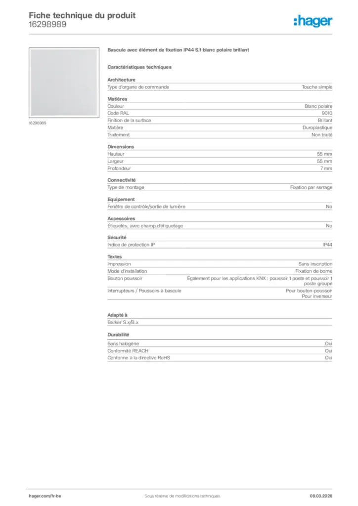 Image Hager Fiche technique du produit 16298989 | Hager Belgique