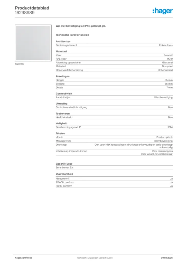 Afbeelding Hager Productdatablad 16298989 | Hager Belgium